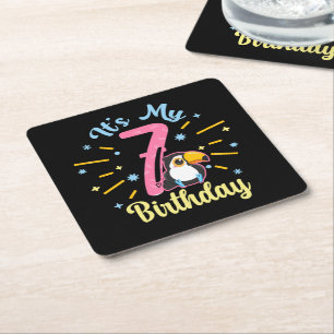 Cute Toucan 7th Birthday 7 Year Old Birth Girl Square Paper Coaster