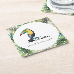 Cute Toucan Exotic Watercolor Illustration Square Paper Coaster