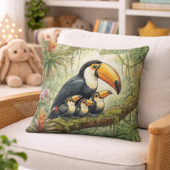 Cute Toucan Mama And Chicks Jungle Animals  Cushion (Creator Uploaded)
