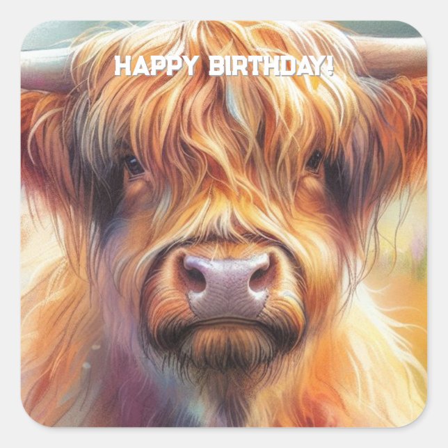 Cute Tough Shaggy Highland Cow Birthday  Square Sticker (Front)