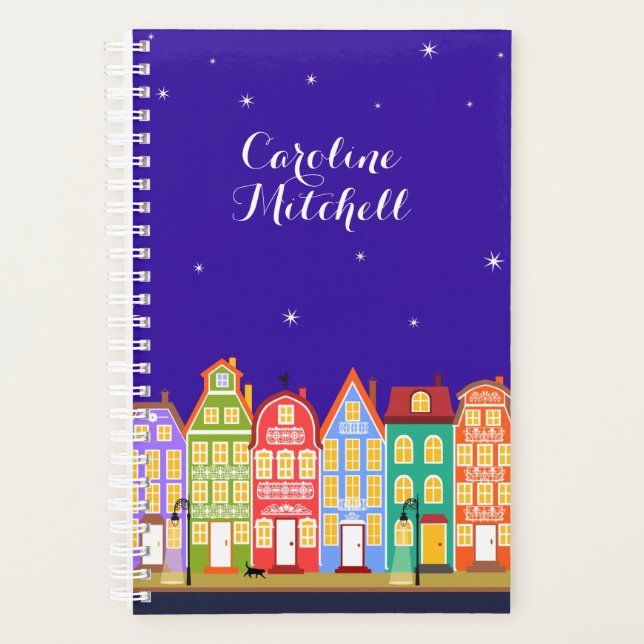 Cute Town Black Cat Cartoon Houses 5.5x8.5 Planner (Front)