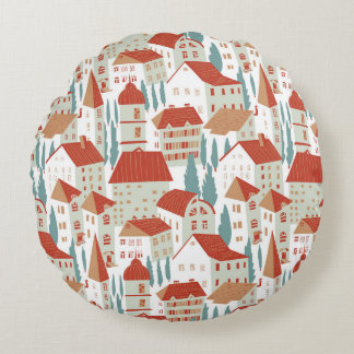 Cute Town Houses: Seamless Illustration Round Cushion