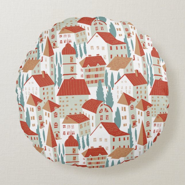 Cute Town Houses: Seamless Illustration Round Cushion (Front)