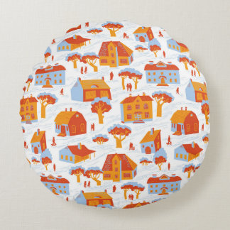 Cute Town Houses: Vintage Doodle Round Cushion