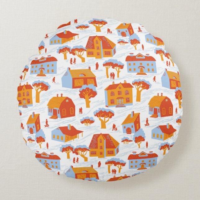 Cute Town Houses: Vintage Doodle Round Cushion (Front)