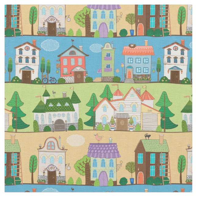 Cute Town Streets Fabric (Close Up)