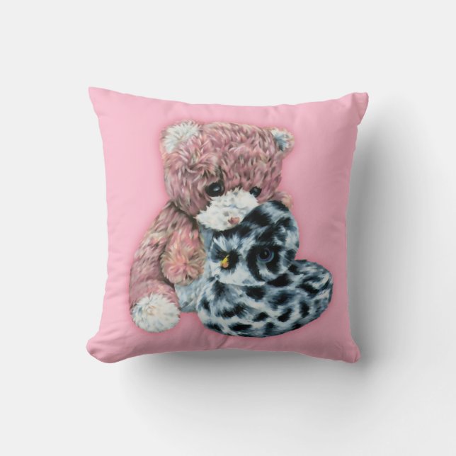 Cute toy teddy and duck pink girls pillow (Front)