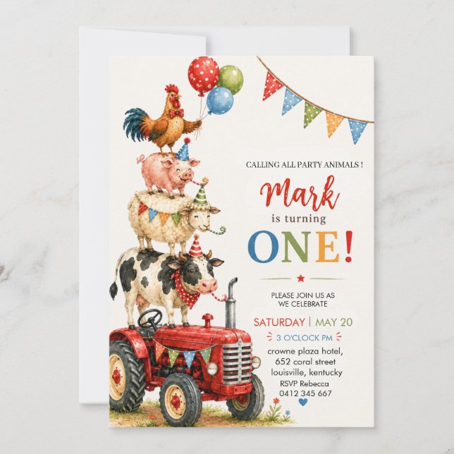 Cute Tractor & Party Animals Boy Birthday Invitation (Front)