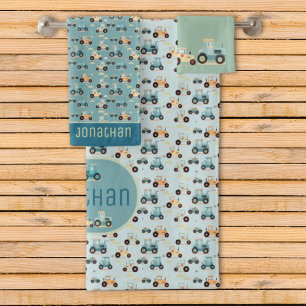 Cute tractor pattern blue name vehicle  bath towel