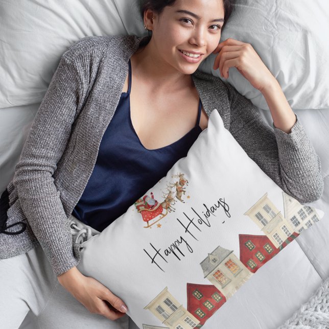 Cute traditional family santa christmas  decorative cushion (fun and festive christmas pillow , with santa and reindeers flying, modern stylish watercolor,
)