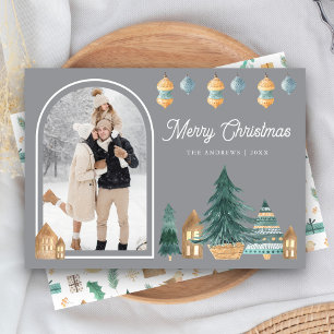Cute Traditional Nordic Arch Photo Grey Christmas Holiday Card