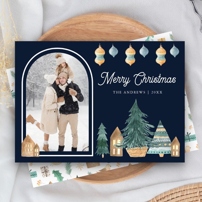 Cute Traditional Nordic Arch Photo Navy Christmas Holiday Card (Creator Uploaded)