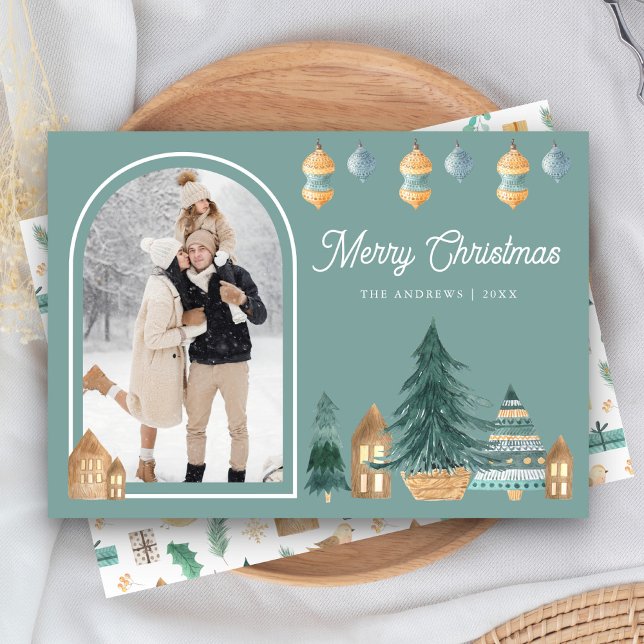 Cute Traditional Nordic Arch Photo Teal Christmas Holiday Card (Creator Uploaded)