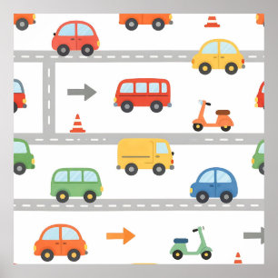 Cute Traffic Road Vehicles Pattern Kids Poster