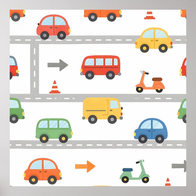 Cute Traffic Road Vehicles Pattern Kids Poster (Front)