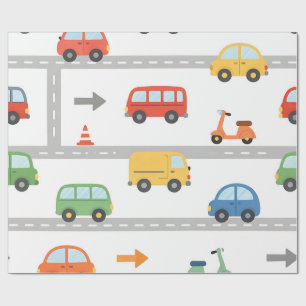 Cute Traffic Road Vehicles Pattern Kids Wrapping Paper