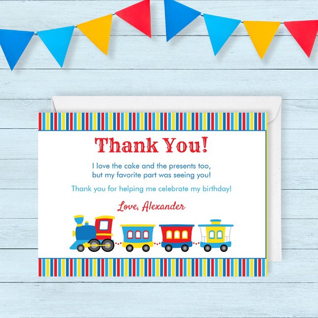 Cute Train Birthday Thank You Card (Train Thank You card with a cute cartoon train in primary colors. Can be edited for any event)