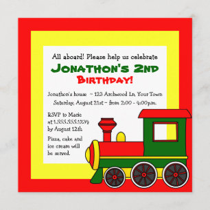 Cute Train Theme Kids Birthday - Red Green Yellow Invitation