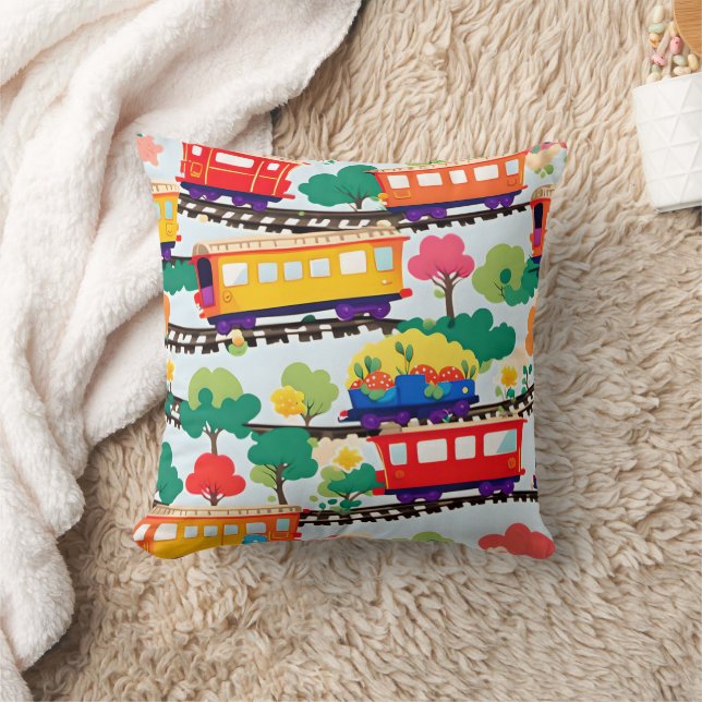 Cute trains and trees pattern blue cushion (Blanket)