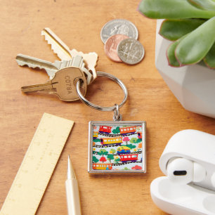 Cute trains and trees pattern blue key ring