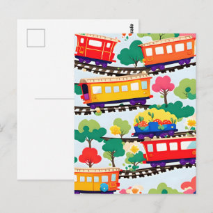 Cute trains and trees pattern blue postcard