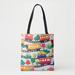 Cute trains and trees pattern blue tote bag
