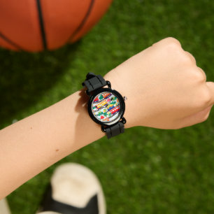 Cute trains and trees pattern blue watch