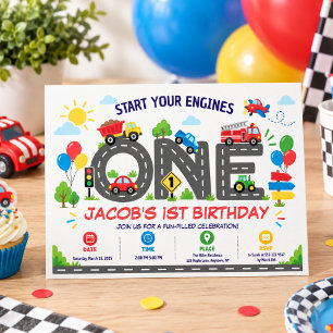 Cute Transportation Cars boy 1st Birthday Photo Invitation