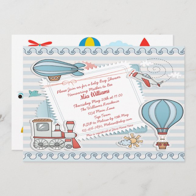 Cute Travel Themed Baby Boy Shower Invitation (Front/Back)