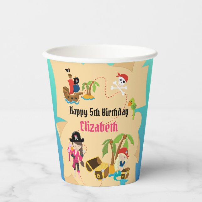 Cute Treasure Map Pink Girl Pirate Birthday Party Paper Cups (Front)