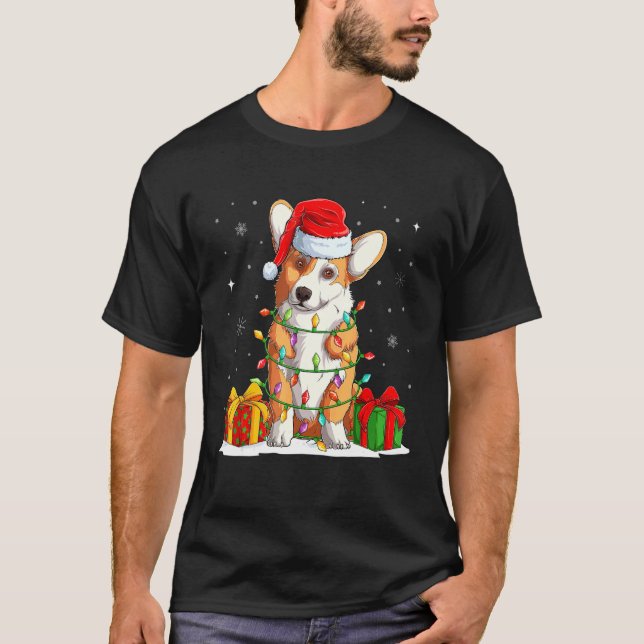 Cute Tree Corgi  Christmas Dog Costume Santa Hat T-Shirt (Front)