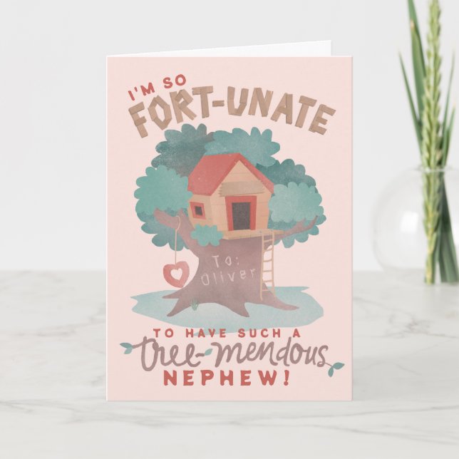 Cute Tree Fort Punny birthday wish for nephew Card (Front)