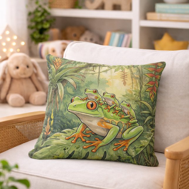Cute Tree Frog Mama And Froglets Jungle Animals  Cushion (Creator Uploaded)