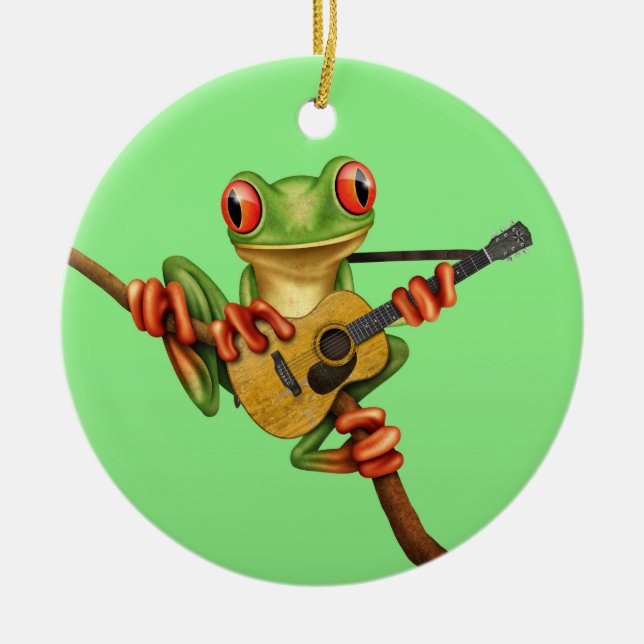 Cute Tree Frog Playing an Acoustic Guitar Green Ceramic Tree Decoration (Front)