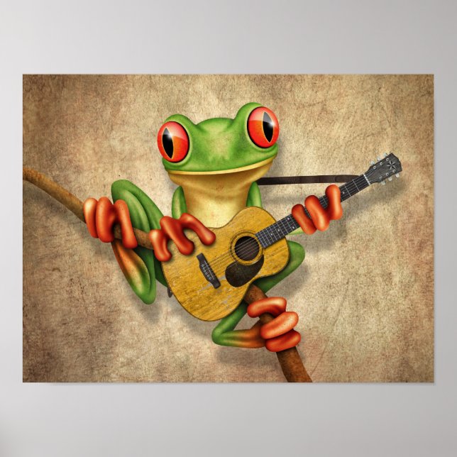 Cute Tree Frog Playing an Acoustic Guitar Rough Poster (Front)