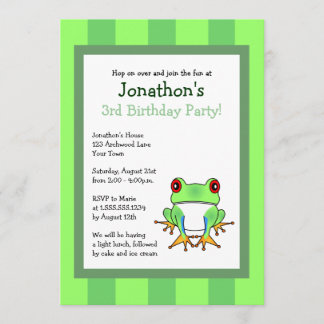 Cute Tree Frog w/ Stripes Birthday Invite 5x7