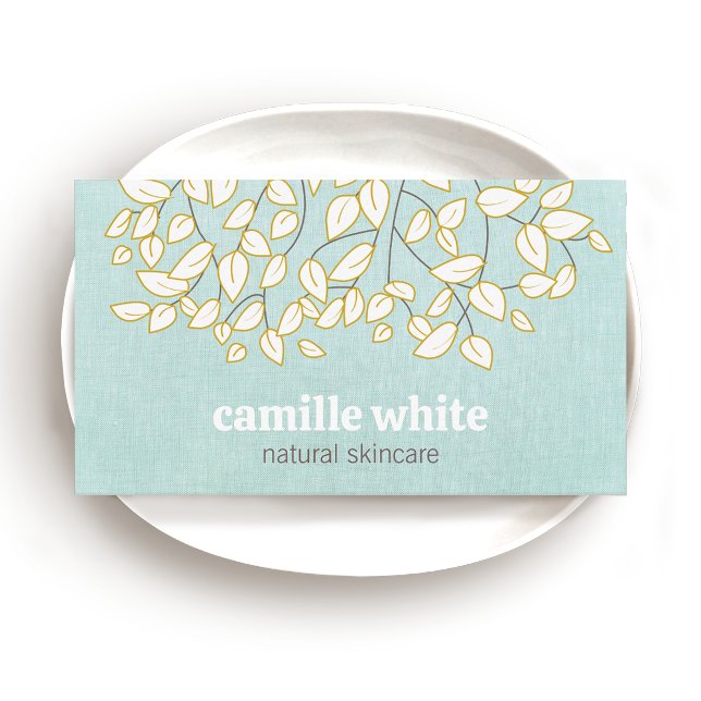 Cute Tree Leaves Light Turquoise Linen Look Business Card (Creator Uploaded)