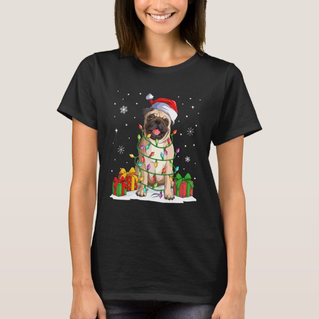 Cute Tree Pug Dog  Christmas Dog Costume Santa Hat T-Shirt (Front)