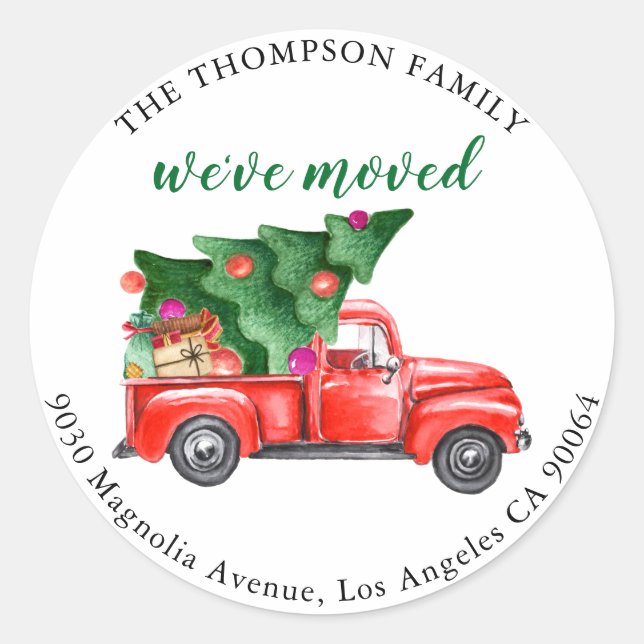 Cute Tree Truck We've Moved Holiday Moving Classic Round Sticker (Front)