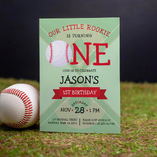 Cute Trendy Baseball Pitch & Ribbon 1st Birthday Invitation