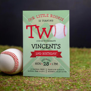 Cute Trendy Baseball Pitch & Ribbon 2nd Birthday Invitation