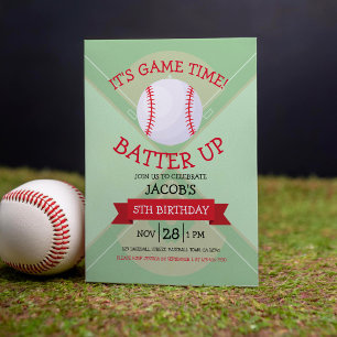 Cute Trendy Baseball Pitch & Ribbon Birthday Invitation