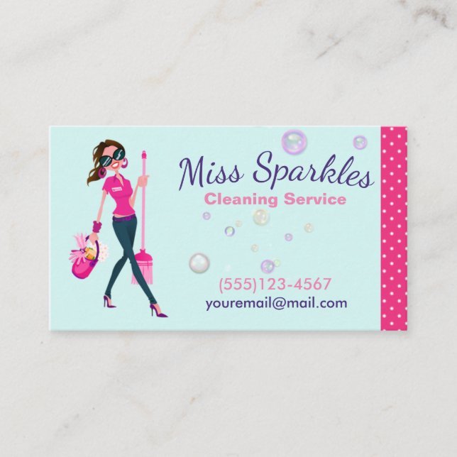 Cute Trendy Cartoon Maid House Cleaning Services Business Card (Front)