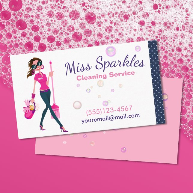 Cute Trendy Cartoon Maid House Cleaning Services Business Card (Creator Uploaded)