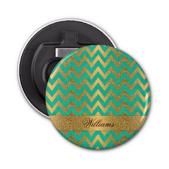 Cute trendy chevron zigzag faux gold glitter bottle opener (Front)