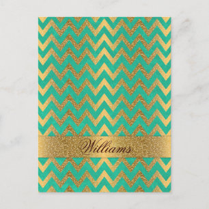 Cute trendy chevron zigzag faux gold glitter postcard