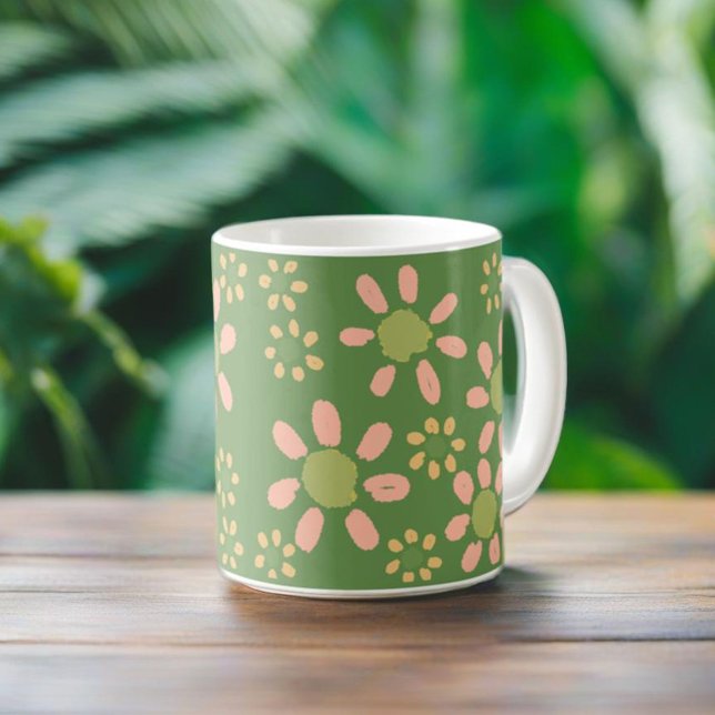 Cute Trendy Floral Pattern Green Pink Daisy Coffee Mug (Creator Uploaded)