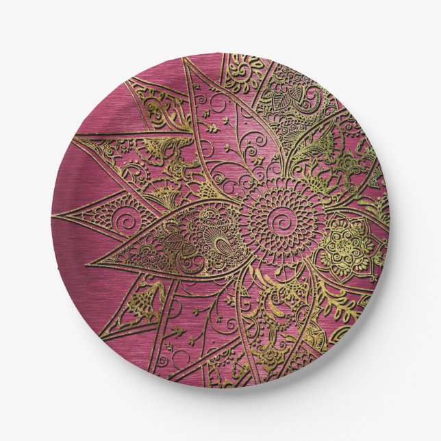 Cute trendy flower henna hand drawn design paper plate (Front)