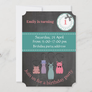 Cute trendy girly chalkboard funny cats birthday invitation