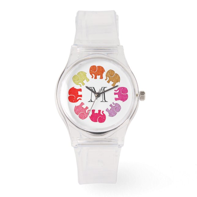 Cute trendy girly colourful elephants monogram watch (Front)